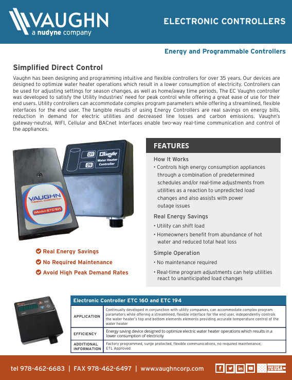 Vaughn Electronic Water Heater Controls Brochure Image
